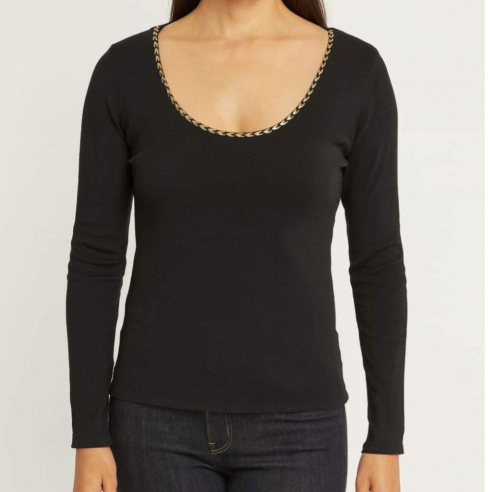 Dana Buchman Knit Sweater Women's Small Long Sleeve Black Gold Rope Trim
